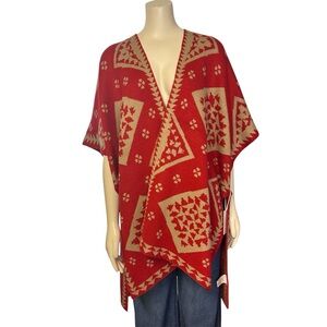 Sasso + Smyth  Anthropologie  Womens One Size Red Brown Poncho Aztec New